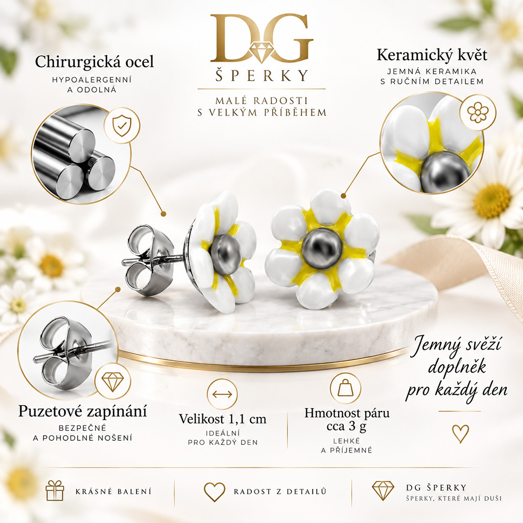 Dámské náušnice pecky Květy z chirurgické oceli a keramiky (5)